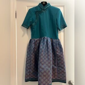 Mongolian Traditional Silk Deel Dress Teal and Multicolor Midi Patterned Skirt